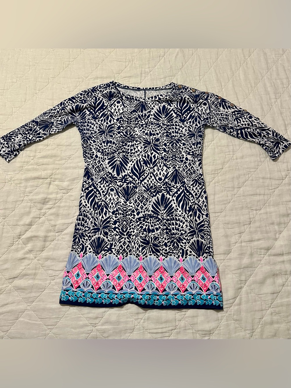 Lilly Pulitzer Navy & White Printed Dress with Pink and Teal Border Medium